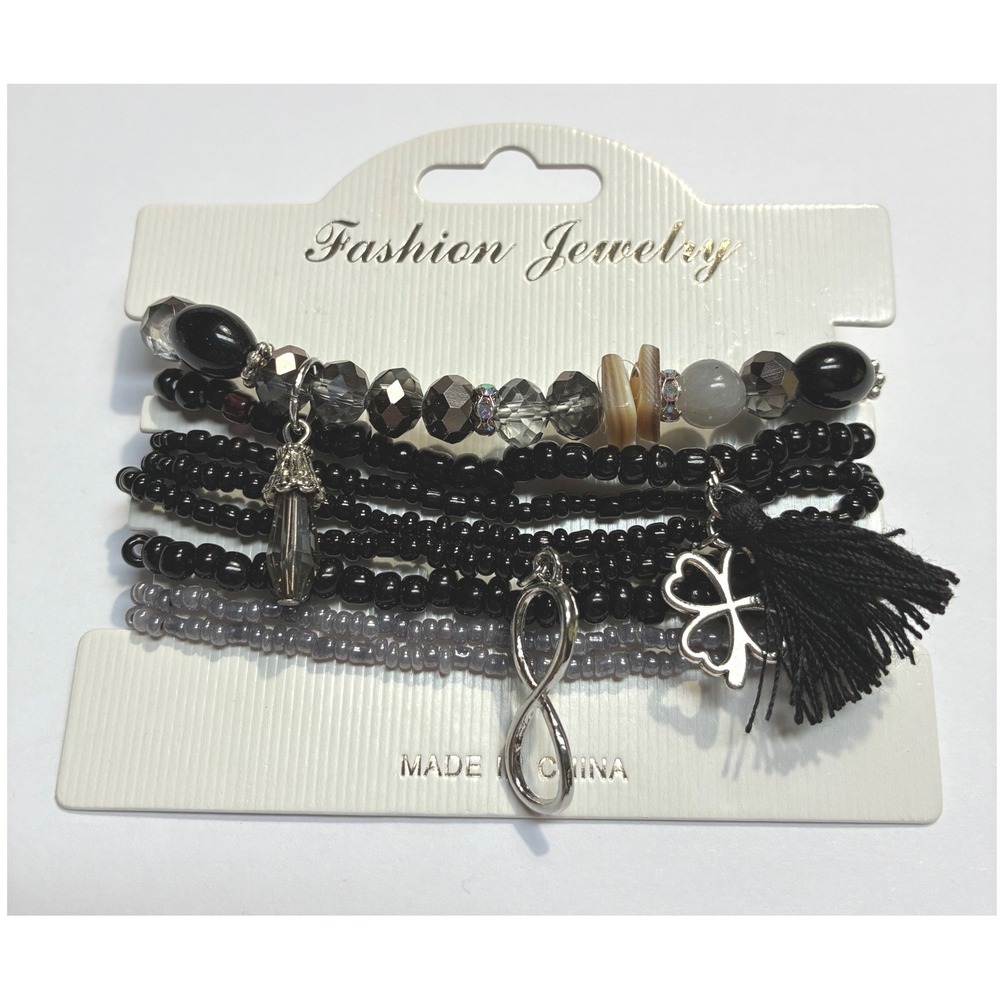 Fashion Jewelry 8pc Beaded Stretch Bracelet Set Black Grey Charms Tassel Boho